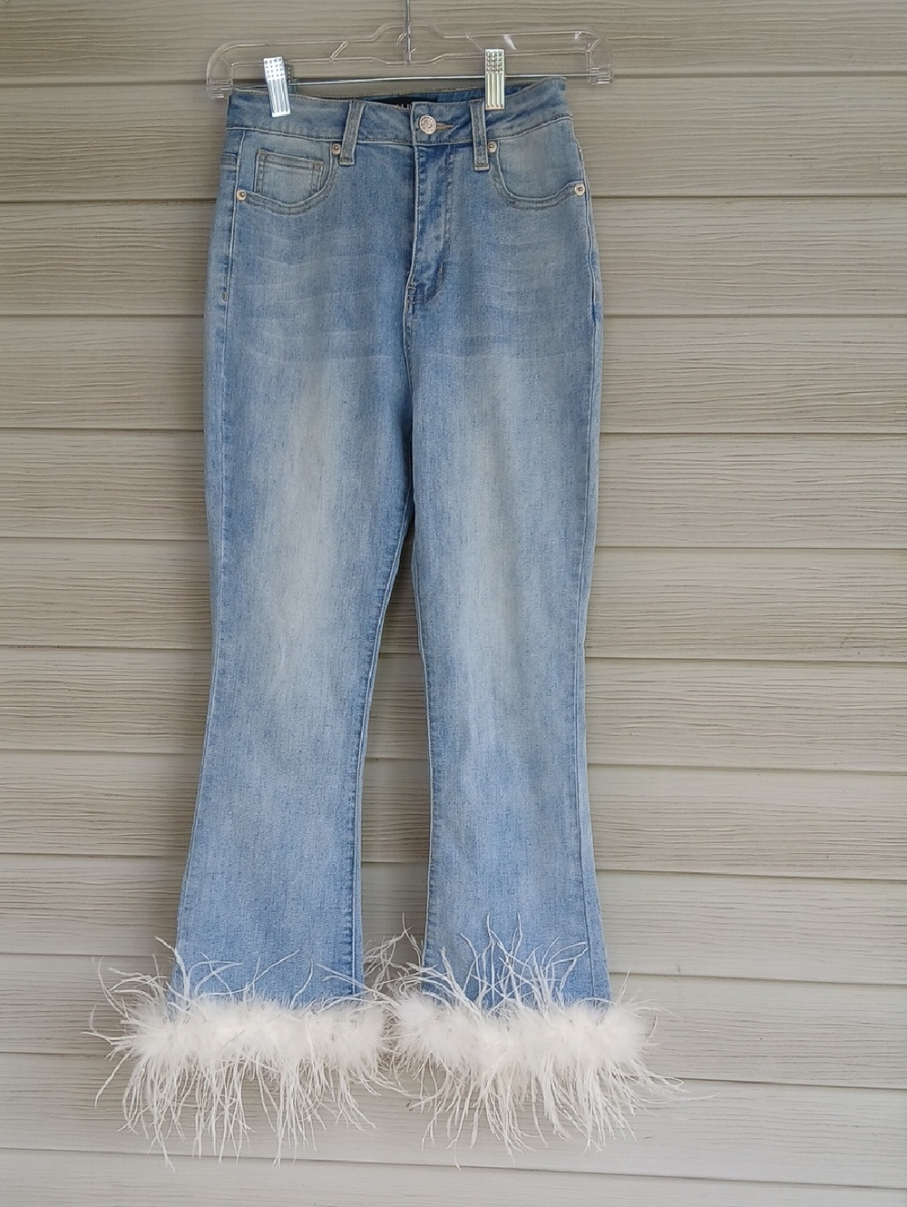 AKIRA Light Blue Flare Jeans with White Feather Trim